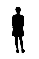 back view full length portrait of a woman in skirt, striped sweater and sneakers on white background