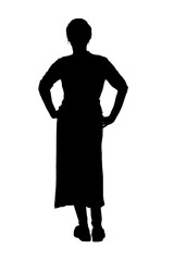 back view of a woman with arms akimbo on white background