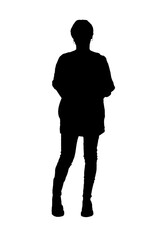 full length portrait of standing woman in tight jean pants looking at camera on white background