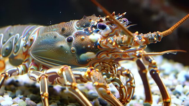 Vibrant Spiny Lobster Close-Up: Detailed Portrait of a Colorful Marine Crustacean on the Seabed, Showcasing Intricate Patterns and Textures in its ...
