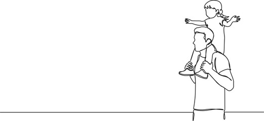 continuous single line drawing of father carrying young daughter on shoulders, line art vector illustration