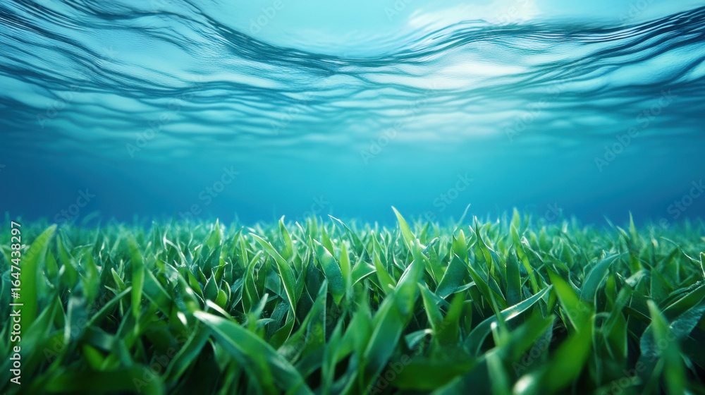 Poster underwater grass with sunlight filtering through the water, creating a serene and tranquil atmospher