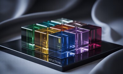 Colorful crystal cubes arranged on a black tray.  Reflections dance across the facets of the vibrant, transparent blocks