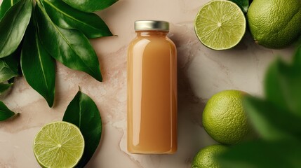 A glass bottle filled with freshly squeezed citrus juice sits among vibrant green limes and lush leaves on a smooth marble surface. The natural colors create a refreshing atmosphere