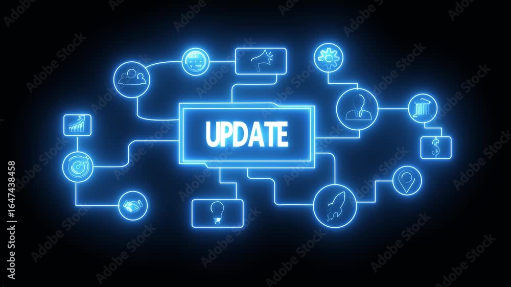 Poster glowing neon update software computer program upgrade concept animated. business, technology, intern