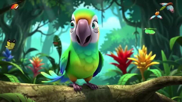 Colorful animated parrot singing joyfully on a branch in a vibrant tropical forest
