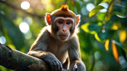 Fototapeta premium A young monkey sitting on a tree branch in a lush green forest.