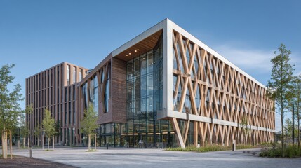 Fototapeta premium A striking modern building features an eye-catching facade with geometric wooden patterns and large glass windows. It stands in a landscaped park with trees and open spaces, promoting sustainability