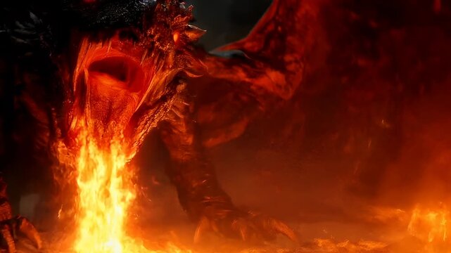 A vivid, actionpacked fantasy scene featuring a formidable dragon roaring amidst a fiery backdrop. The dragons scales are intricately detailed, and its eyes glow with a fiery orange hue.