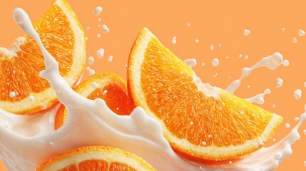 Juicy orange slices are immersed in a white, creamy liquid, creating a splash against a vivid orange background. The scene conveys freshness and flavor excitement