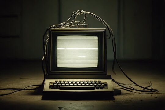 Vintage computer in dimly lit room