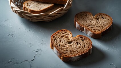 Sliced whole grain bread on a textured surface with a basket of bread in the background. Bakery and bread product. Freshly baked bread slices.