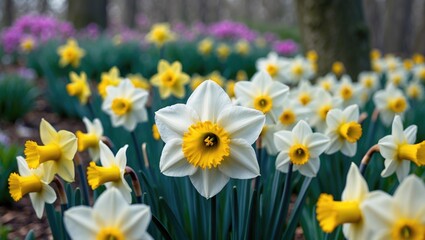 Obraz premium White daffodils with yellow centers blooming in a garden.