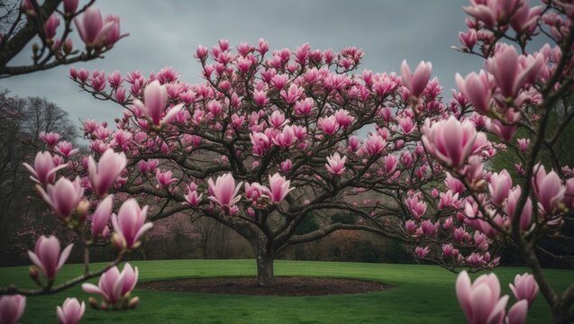Magnolia tree in full bloom with pink flowers in a park during springtime. Nature and floral scenery. Beautiful blooming plant. The concept of spring blossoms and garden beauty. - Powered by Adobe