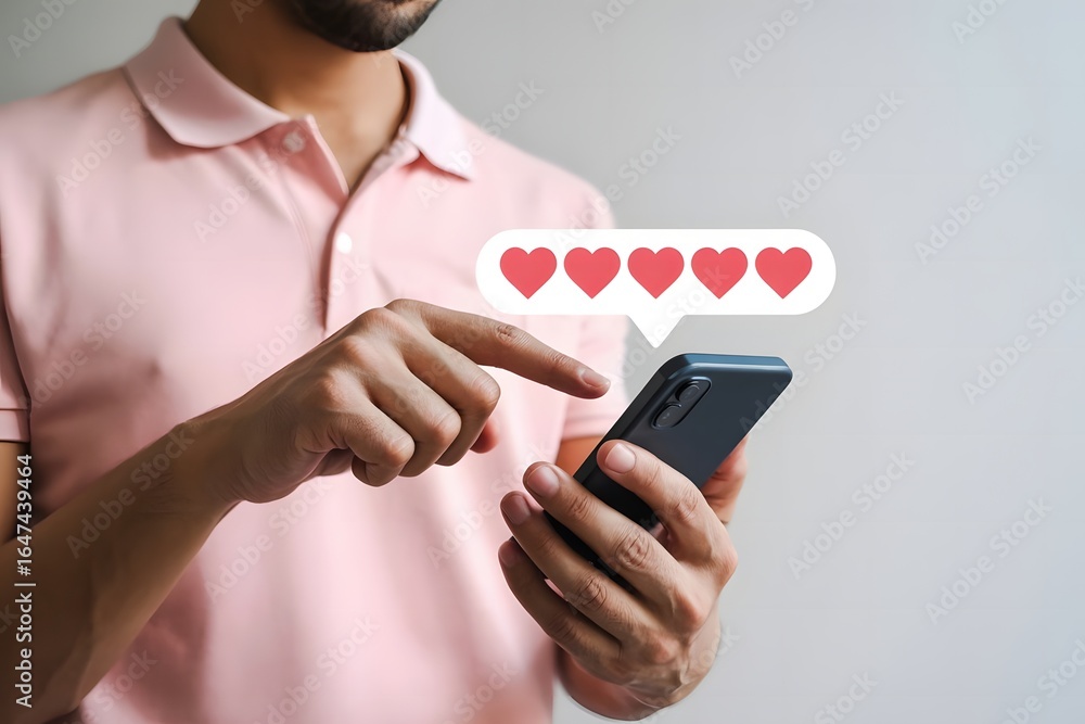 Poster man using smartphone to give five star rating with heart icons concept for customer feedback online 