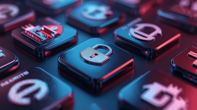 Isometric Security Icons Representing Cybersecurity and Data Encryption in a Modern Technological Environment Focused on Data Protection and Network Defense