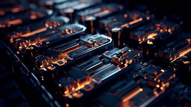 Bitcoin crypto mining gear rigs. A closeup view of a computer motherboard, showcasing intricate details of electronic components. The color palette is dominated by warm hues of orange and brown.