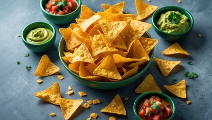 A bowl of nachos with guacamole and salsa, with additional chips and dips on a dark surface.