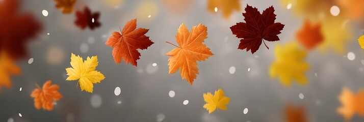 Multicolor falling maple leaves with crimson gold amber hues drifting diagonally across pale gray bokeh backdrop, air movement lines evoking academic renewal in autumn rhythm