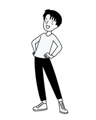 Black and white line art man standing and laughing 