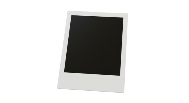 Pristine vintage instant photo frame, thick white border, blank transparent center, creamy white, flat lay on seamless transparent background, ample copy space, soft studio light, concept of