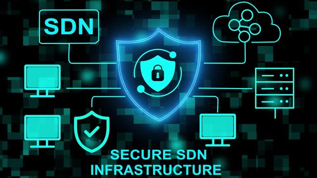 A visual representation of secure SDN infrastructure, showcasing interconnected devices with a focus on cybersecurity. Ideal for business presentations or tech-related content. 4k video.