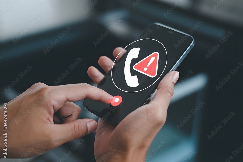 Poster person holding smartphone with missed call notification indicating communication problem technical i