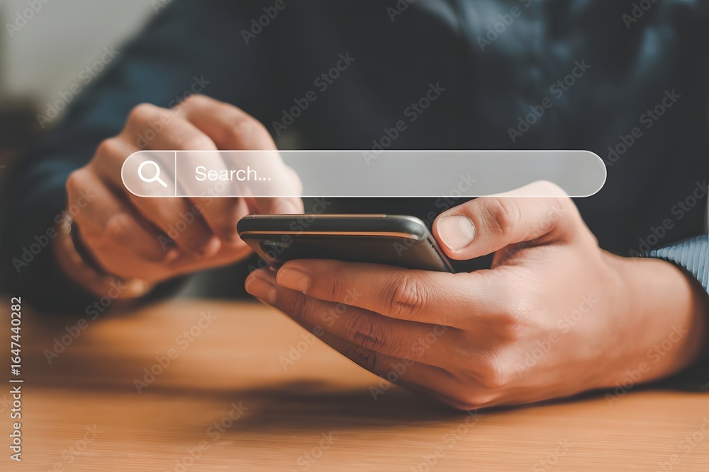 Poster close up of hands holding a smartphone with a search bar overlay depicting online searching informat