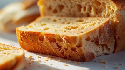 Sliced bread with a golden crust and soft interior, close-up. Baked bread, bakery, and food. The concept of bread baking and bakery products.