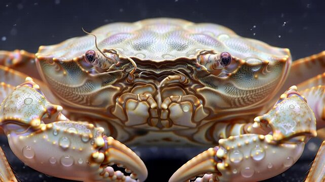 Close-up of a marine crab's textured shell and claws with water droplets