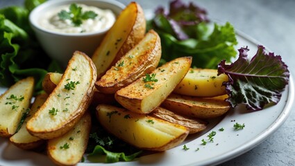 Baked potato wedges with herbs served with a side of creamy dip and fresh leafy greens.