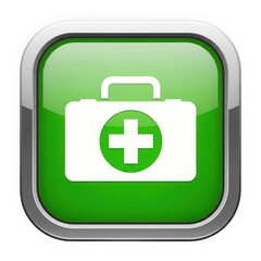 Obraz premium Green square button icon with a white first aid kit symbol, isolated on transparent background