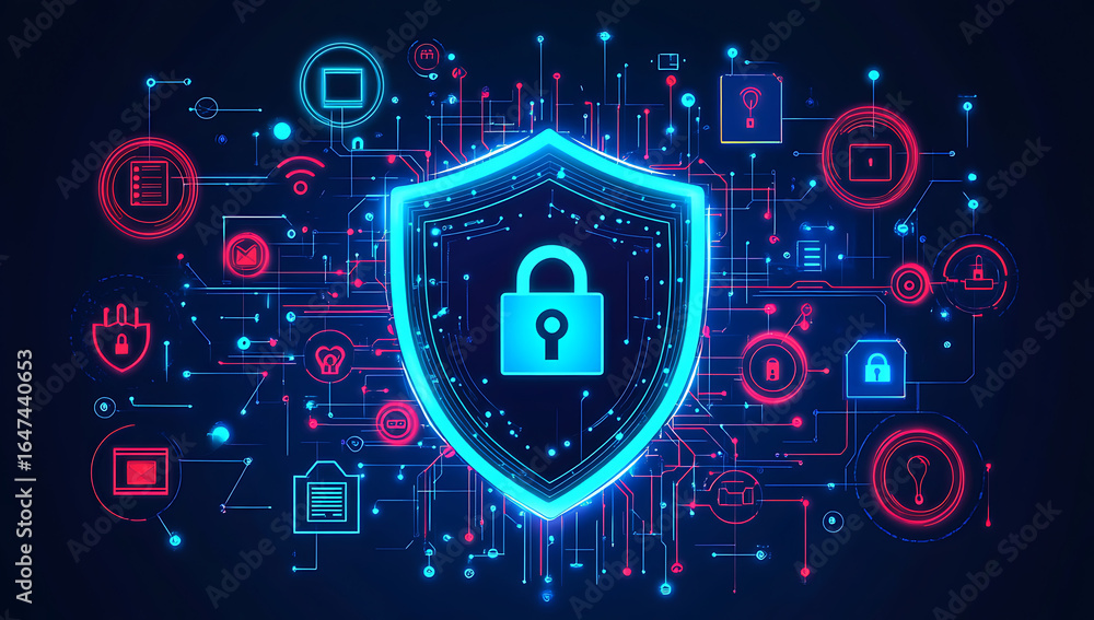 Poster digital shield with a padlock represents cyber security, network protection, and data privacy on a d