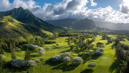 Naklejka premium Panoramic view of a lush valley golf course