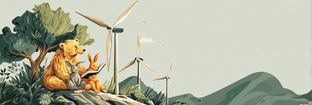 Fototapeta ILUSTRACJA PRZEDSTAWIAJĄCA NIEDŹWIEDZIA, KRÓLIKA I LISA CZYTAJĄCYCH KSIĄŻKĘ NA TLE TURBIN WIATROWYCH