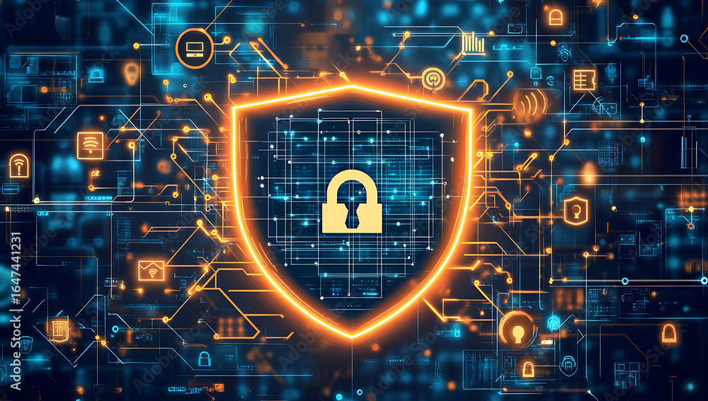 Poster glowing digital shield with padlock signifies cybersecurity and data protection across a network of 