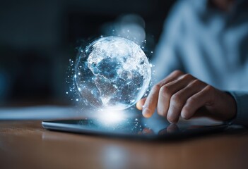 Person interacts with a holographic Earth on a tablet