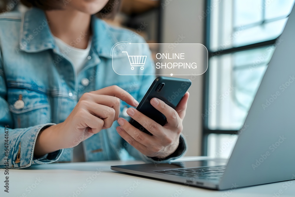 Poster woman using a smartphone for online shopping with a virtual shopping cart icon browsing the internet