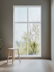Fototapeta premium Bright interior featuring a minimalist window view of greenery during daytime in a modern living space