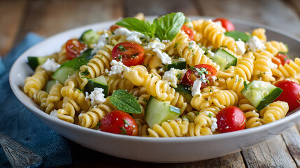 summer pasta salad, enjoy a colorful pasta salad with rotini, cherry tomatoes, cucumbers, and feta cheese in a large bowl for a refreshing summer meal