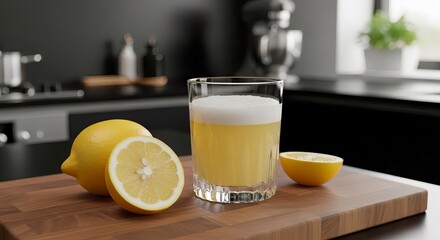 Fototapeta premium A glass of foamy lemonade with lemons on a wooden board in a modern kitchen setting indoors