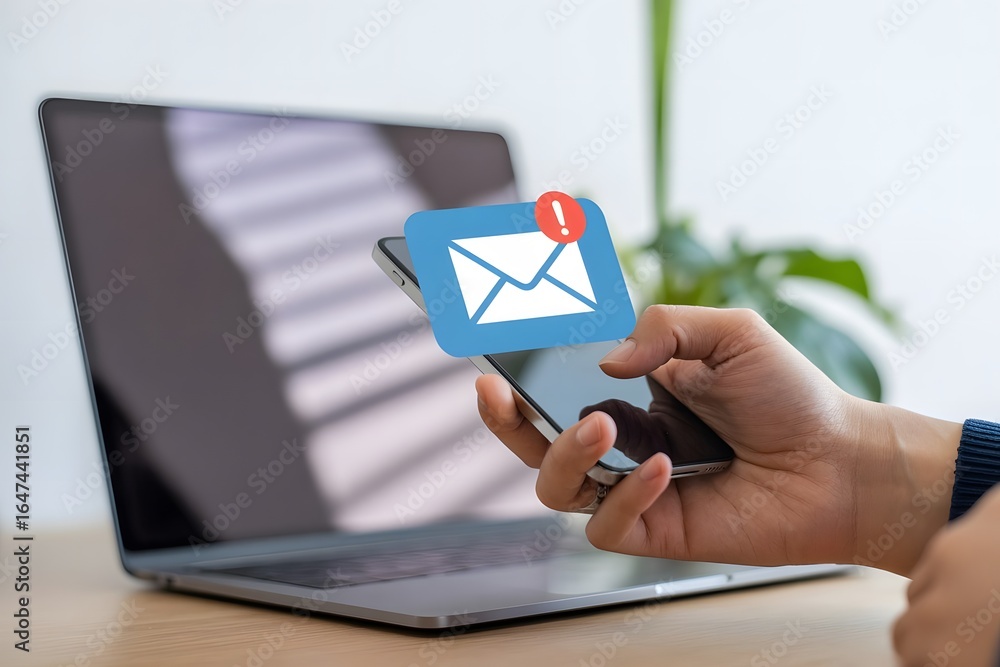 Poster hand holding smartphone with new email notification icon laptop in background representing communica