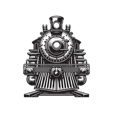 Western Steam Locomotive &ndash; Front View Black and White Vector Illustration