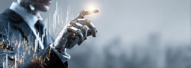 Businessman with robotic arm interacting with data