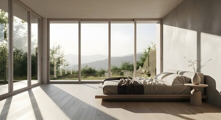 A bright bedroom with a large window overlooking a scenic mountain landscape on a sunny day time view