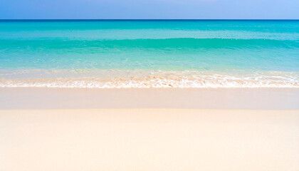 Obraz premium Minimalist Beach Background with Soft Beige Sand and Turquoise Sea under Clear Blue Sky