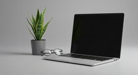 Fototapeta premium Minimal Workspace with Laptop & Snake Plant