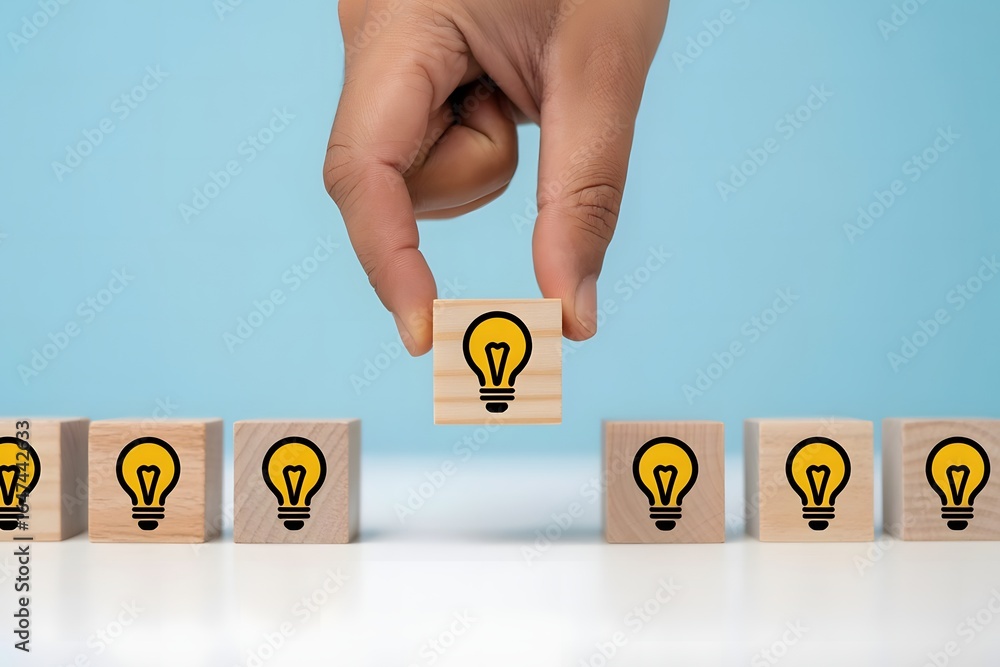 Poster hand picking a lightbulb block representing a bright idea innovation creativity and problem solving 
