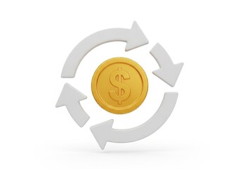 Money circulation concept with dollar coin and arrows on white background