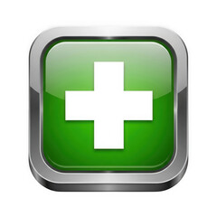 Obraz premium A white plus sign or cross symbol on a glossy green square button with a metallic silver border, isolated on transparent background